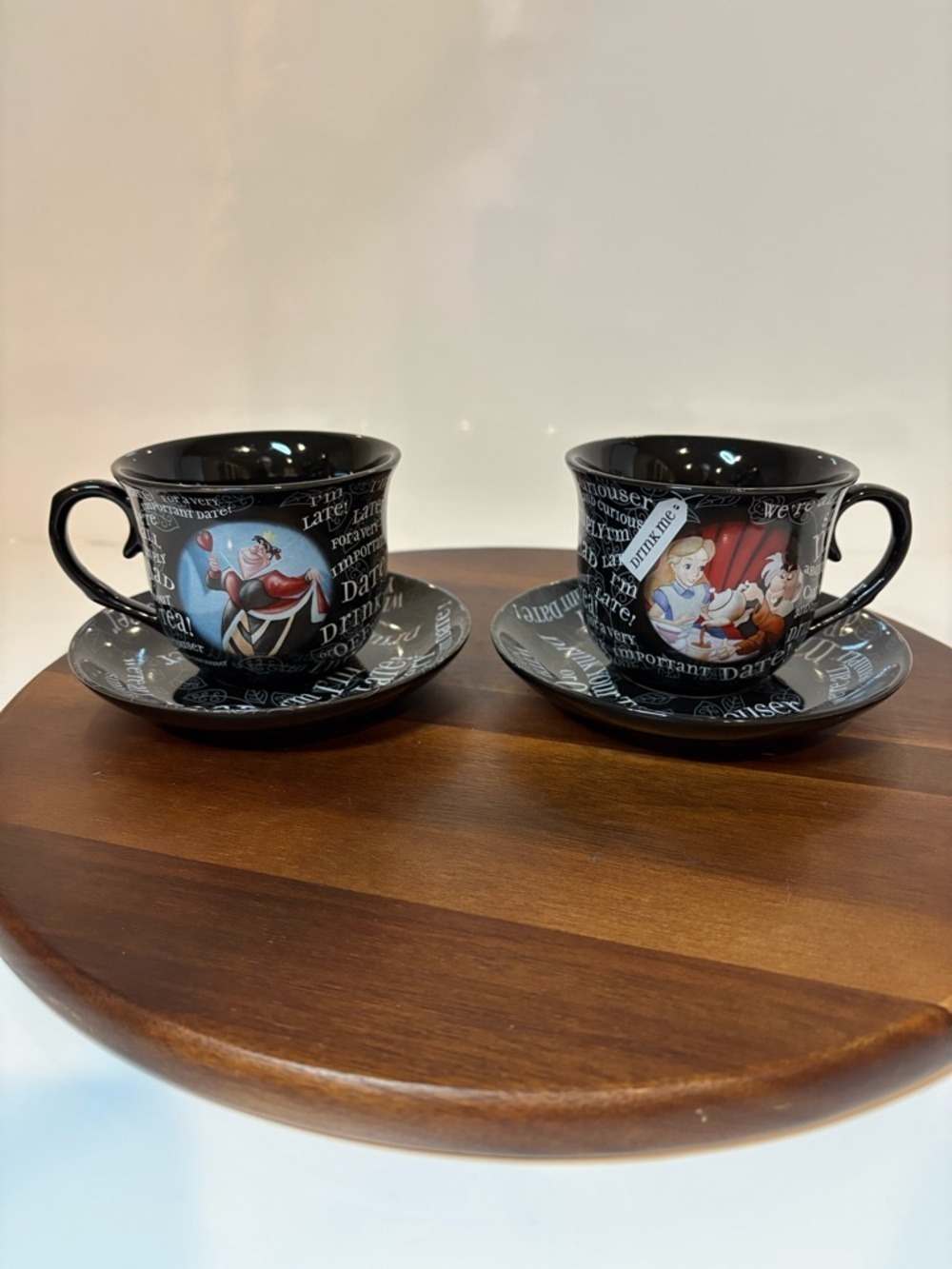 Disney Parks Alice in Wonderland Teacup Saucer Set Black Quote Set of 2